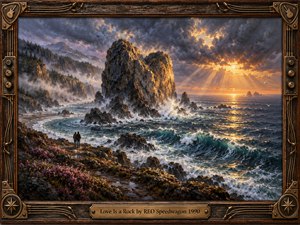 A dramatic oil-painted coastal scene shows a towering heart-like rock rising from stormy waves as two small figures stand together on a rugged shore. Golden sunset rays pierce dark blue-gray clouds, illuminating sea spray, cliffs, and distant water. An ornate wood-and-bronze guitar-themed frame and engraved title plate complete the resilient, romantic atmosphere.
