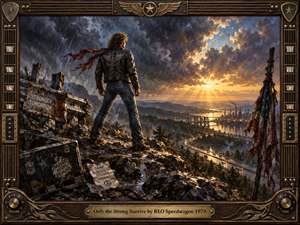 A lone figure stands defiantly on a rain-darkened ridge overlooking a glowing industrial valley and winding highway. Storm clouds split around golden sunlight, creating a tense but triumphant atmosphere. Rich oil-painted textures, rugged debris, torn fabric, and a guitar-inspired wood-and-metal frame reinforce themes of endurance, struggle, and hard-won survival.