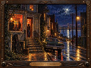 A richly textured oil painting shows a rain-slicked riverside street at night, glowing with amber house lights, deep blue skies, and shimmering reflections. A vintage car, silhouetted figures, telephone poles, bridge lights, and a guitar case create a nostalgic 1970s rock atmosphere within an ornate wood-and-bronze musical frame.