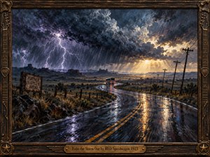 A rain-slick highway curves through open plains beneath towering thunderclouds, lightning, and sweeping rain. A distant bus follows the glowing road toward a break of golden light, while leaning telephone poles emphasize motion and endurance. Deep blues, violet grays, amber reflections, and textured oil brushwork create dramatic 1970s rock atmosphere.