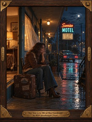 A pensive woman waits outside a rain-soaked roadside motel, framed by warm amber room light and cool blue night. Neon reflections shimmer across wet pavement beside a vintage car and worn suitcase. Cinematic 1970s photography, rustic wood and brass framing, and quiet details evoke longing, uncertainty, and emotional distance.