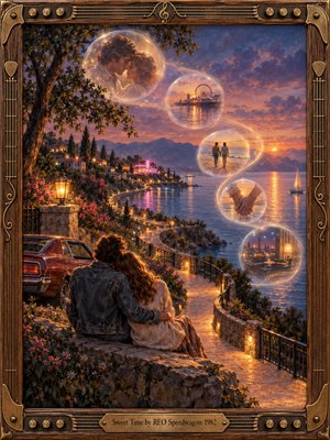 A loving couple rests beside a winding lakeside path at sunset, surrounded by glowing memory bubbles, flowers, sailboats, and distant lights. Warm amber, rose, lavender, and deep blue tones create a nostalgic romantic mood. Detailed oil-painting textures, soft reflections, and an ornate musical frame enrich the dreamy composition.