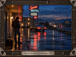 A solitary traveler stands outside a rain-soaked roadside motel as a classic car idles beneath glowing neon. Wet pavement mirrors red and cyan light, while a dark highway curves toward distant mountains. Cinematic blue-hour photography, vintage film grain, deep shadows, and the guitar-inspired frame create restless, melancholy tension.