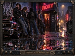 Four leather-clad men pose outside a rain-soaked neon nightclub beside a gleaming muscle car, projecting swagger against a gritty early-1980s city backdrop. Red, pink, blue, and amber reflections shimmer across puddles, while torn posters, smoky light, distant traffic, and an industrial metal frame create a tense, cinematic rock atmosphere.