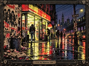 A rain-soaked New York street glows with neon yellow, red, and blue reflections outside a brightly lit corner store. Leather-jacketed figures wander beneath towering buildings, surrounded by torn punk posters and passing cars. Gritty screen-print textures, dramatic nighttime lighting, and a weathered guitar-themed metal frame capture restless urban energy.