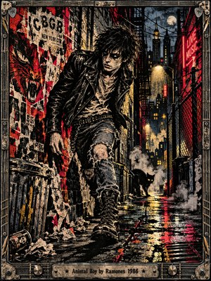 A defiant young punk in a battered leather jacket stalks a rain-soaked New York alley beneath glowing neon and moonlight. Torn posters, a shadowy black cat, drifting steam, and crimson reflections create a feral atmosphere. Distressed screen-print textures and an industrial metal frame capture the rebellious energy of 1980s punk.
