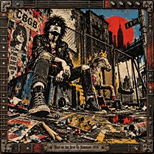 A defiant leather-clad punk lounges in a gritty New York playground beneath a blazing red sun. Broken toys, scattered marbles, torn posters, and an empty swing surround him. Harsh black shadows, faded blue, and dirty yellow sharpen the rebellious mood. Distressed screen-print textures and a guitar-inspired metal frame complete the scene.