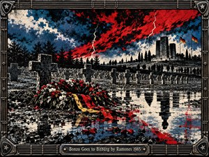 A stormy cemetery stretches beneath a dramatic red and blue sky split by lightning. Rows of weathered crosses surround a flower-covered grave, while distant mourners gather near a memorial. Muddy reflections amplify the somber atmosphere. Distressed punk screen printing and a metallic guitar-inspired frame complete the powerful composition.