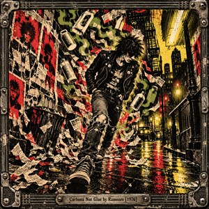 A leather-clad punk charges through a rain-soaked alley as torn posters, floating cans, and poisonous green fumes swirl around him. Harsh yellow streetlights pierce black shadows, reflecting across crimson puddles. Distressed halftone textures, jagged movement, and a riveted metal frame capture the rebellious chaos of 1970s punk.