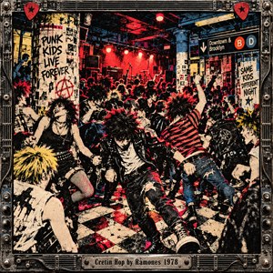 A chaotic crowd of leather-clad punks dances wildly inside a gritty underground club. Blazing red lights illuminate spiked hair, raised fists, torn posters, and checkerboard floors. Distressed black, yellow, and blue screen-print textures capture rebellious energy. A riveted metallic frame with guitar details completes the explosive vintage punk composition.