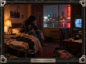 A solitary punk musician sits pensively in a dim motel room, surrounded by scattered belongings and travel-worn luggage. Amber lamplight contrasts with cold blue television glow and red neon reflecting through rain-streaked windows. Cinematic photographic realism captures loneliness and exhaustion, enclosed within a weathered black guitar-inspired frame with engraved metal detailing.
