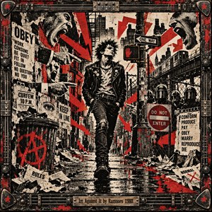 A defiant punk strides through a decaying city street, surrounded by screaming faces, pointing hands, warning signs, and looming riot police. Jagged red arrows slash across gritty black-and-white screenprint textures, while wet pavement reflects the chaos. A weathered, guitar-inspired metal frame reinforces the artworks rebellious, confrontational energy.