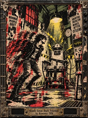 A frantic punk figure lunges through a decaying treatment room toward an ominous electric chair beneath harsh yellow lighting. Jagged lightning, torn propaganda posters, and grimy checkered floors intensify the rebellious atmosphere. Distressed red, black, cream, and green screen-print textures dominate, surrounded by an industrial metal frame with musical hardware.