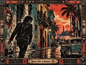 A leather-clad rebel slips through a weathered Havana street toward a glowing harbor. Vintage cars, Cuban flags, balconies, and tangled wires frame the mysterious scene. Fiery coral skies contrast with turquoise buildings and rain-slick pavement. Distressed punk screenprint textures and a guitar-inspired metal frame evoke danger, rebellion, and clandestine adventure.