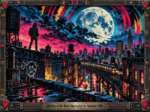 A lone leather-clad figure stands on a gritty rooftop overlooking a glowing New York skyline and elevated train. An enormous moon dominates swirling cyan, magenta, and golden clouds. Rain-soaked rooftops reflect neon lights, while distressed screen-print textures evoke rebellious punk energy. A riveted metal frame completes the dramatic scene.