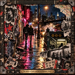 Two leather-clad punks walk through a rain-soaked New York street beneath glowing neon and amber lamps. Torn concert posters, graffiti, subway stairs, and a distant bridge surround them. Pink and gold reflections energize the gritty nighttime collage, enclosed by a weathered, guitar-inspired frame with an engraved brass title plate.
