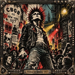 A defiant punk singer with spiked hair and a battered leather jacket towers over a shouting crowd in a gritty 1977 New York alley. Torn posters, amplifiers, and harsh red and yellow lights surround the scene. Rough screen-print textures and a studded metal frame amplify its rebellious energy.