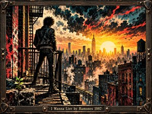 A lone punk rocker stands on a weathered fire escape overlooking New York City at sunrise. Fiery orange light cuts through turbulent clouds above dark buildings and water towers. Distressed screen printing creates gritty textures and dramatic contrast. A small green plant symbolizes resilience, while a metallic guitar-inspired frame completes the composition.