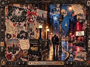 A punk couple walks arm in arm along a rain-soaked New York street, beneath glowing amber lamps and red neon. Torn posters, handwritten notes, and faded photographs cover surrounding brick walls. Rich blues, rusted reds, and golden reflections lend this detailed mixed-media collage a bittersweet nostalgia, framed by weathered guitar hardware.