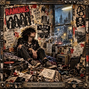 A restless young punk lounges in a cluttered New York bedroom, surrounded by torn posters, scattered records, tangled cables, and a battered guitar. Smoky light drifts toward a blue nighttime skyline. Grimy reds, browns, and blacks dominate the detailed vintage collage, enclosed by distressed metal framing and an engraved title plate.