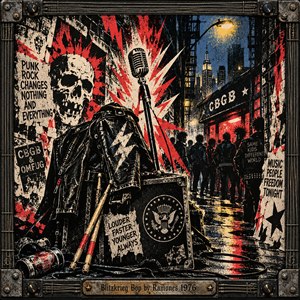 A battered microphone rises above a leather jacket and amplifier in a rain-slick New York alley, where punk silhouettes gather beneath glowing club lights. Jagged red and cream bursts energize distressed black-and-blue screen-print textures. Skull posters, drumsticks, yellow streetlights, and an industrial metal frame capture the rebellious urgency of 1970s punk.