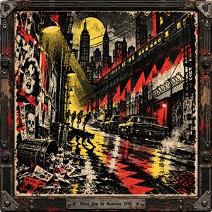 A gritty punk screen print captures a rain-slick New York street beneath an elevated train and ominous yellow moon. Running silhouettes, a prowling black cat, torn posters, and vintage cars intensify the menace. Jagged red slashes pierce stark black shadows, while streetlamps illuminate distressed textures within a riveted amplifier-inspired frame.