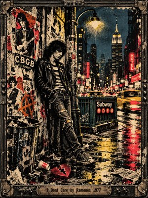 A leather-jacketed punk slouches against a poster-covered New York wall on a rainy night. Red and yellow reflections streak the pavement beneath a glowing streetlamp. Graffiti, torn flyers, a subway entrance, and a broken heart convey rebellious indifference in this gritty, high-contrast screen-print scene framed with weathered, riveted metal.