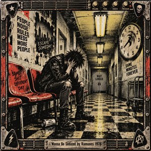 A weary punk rocker sits hunched in a grimy institutional corridor beneath harsh fluorescent lights. Distorted clocks, torn posters, red chairs, and checkered floors evoke restless frustration and endless waiting. Distressed black, cream, and crimson screen-print textures capture 1970s rebellion, enclosed within a weathered, guitar-inspired metal frame.