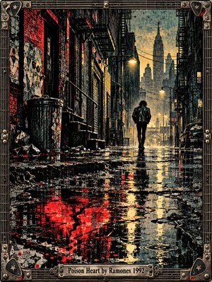A solitary figure in a black leather jacket walks through a rain-soaked city alley beneath towering fire escapes. Crimson reflections form a fractured heart across wet pavement. Golden streetlights illuminate gritty brick walls and distant skyscrapers. Bold printmaking textures, dramatic shadows, and an industrial guitar-inspired frame evoke urban isolation and heartbreak.