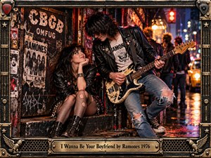 Outside a graffiti-covered New York club, a leather-clad guitarist leans toward a smiling woman seated on worn steps. Rain-slick pavement reflects red, gold, and blue city lights, while vintage Ramones posters evoke 1970s punk culture. The detailed, cinematic scene feels rebellious yet romantic, surrounded by an ornate metallic frame.