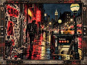 A leather-clad punk strides through rain-slick New York streets beneath glowing neon and subway lamps. Torn concert posters, speeding cars, and distant skyscrapers surround the restless figure. Crimson, gold, and midnight blue reflections animate the gritty, screen-printed scene, enclosed by a weathered metal frame with an engraved title plate.