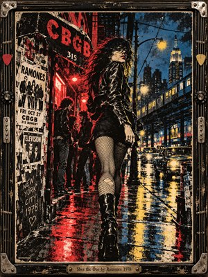 A leather-clad woman strides through rain-soaked 1978 New York, glancing back beneath windblown hair. Crimson club lights spill across wet pavement while yellow headlights, blue shadows, punk posters, and an elevated train animate the night. Distressed screen-print textures and a guitar-inspired metal frame capture restless, rebellious romance.