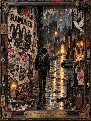 A solitary punk in a battered leather jacket walks through a rain-soaked New York street toward a glowing chapel. Torn Ramones posters, candles, wilted roses, and a white dove punctuate the gritty collage. Amber reflections cut through charcoal shadows, while a distressed guitar-string frame surrounds this melancholy search for hope.