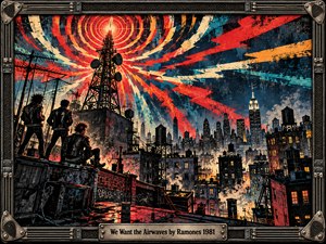 Three leather-clad punks overlook a sprawling nighttime city beneath a towering radio antenna radiating explosive rings and jagged streaks of red, orange, cream, and turquoise. Distressed screen-print textures, shadowed rooftops, and glowing windows evoke rebellious 1980s energy. A riveted amplifier-inspired metal frame encloses the dramatic scene.