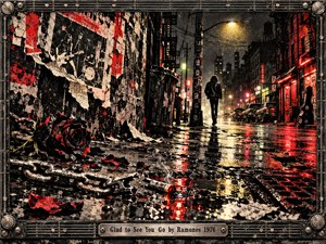 Under a bruised midnight sky, a lone leather-clad figure walks away along a rain-soaked New York street. Crimson neon shimmers across cracked pavement beside a broken chain, smoldering cigarette, and black rose. Torn punk posters, grainy shadows, and a riveted guitar-string frame create a defiant, gritty printmaking atmosphere.