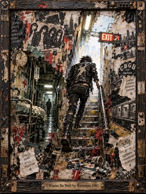 A weary punk in a battered leather jacket climbs crumbling stairs toward daylight, escaping a shadowy hospital corridor. Torn concert posters, graffiti, subway imagery, and medical equipment fill the gritty urban scene. Rusty reds, dirty yellows, and deep blacks intensify the anxious atmosphere of this textured mixed-media collage.
