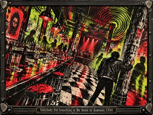 A leather-clad punk steadies himself against a pillar inside a dizzying nightclub, where a checkerboard floor twists toward a red-lit stage. Bottles crowd the bar, shadowy figures blur beneath acidic green spirals, and distressed black-and-scarlet screen-print textures amplify the chaotic mood. A riveted metal frame and engraved title plate complete the composition.