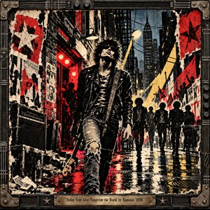 A defiant punk rocker strides through a rain-soaked New York street, surrounded by shadowy figures, torn posters, and glowing club lights. Fierce reds, blacks, and yellows create rebellious energy against a cold skyline. Distressed screen-print textures, dramatic reflections, and a rugged metal guitar-inspired frame capture the raw 1970s punk atmosphere.