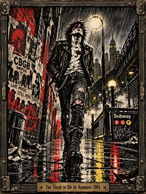 A defiant punk rocker strides through rain-slick New York streets beneath harsh streetlights, framed by torn concert posters, graffiti, and a subway entrance. Crimson and yellow reflections slash across black pavement. Rough linocut textures, dramatic shadows, and a riveted metal border evoke gritty 1980s rebellion and stubborn survival.