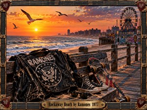 A weathered leather jacket, sneakers, sunglasses, and skateboard rest on a wooden boardwalk overlooking Rockaway Beach at sunset. Golden orange skies illuminate crashing waves, soaring seagulls, distant buildings, and a Ferris wheel. This nostalgic punk rock scene features gritty photographic realism, framed by guitar strings and vintage metalwork.