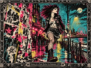 A rebellious punk rocker strides through a neon drenched 1970s boardwalk, her windswept hair and leather jacket radiating defiance. Torn concert posters, silhouetted crowds, and a glowing Ferris wheel surround her. Vibrant pink, turquoise, and yellow screenprint textures illuminate wet pavement, enclosed within a distressed metal frame.