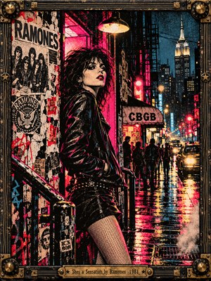 A rebellious punk woman in a black leather jacket stands against a poster-covered New York street at night. Neon pink, blue, and golden lights illuminate rain-soaked pavement, vintage cars, and distant crowds. Gritty screen-print textures, dramatic shadows, and a weathered metallic frame capture the electric energy of 1980s punk culture.