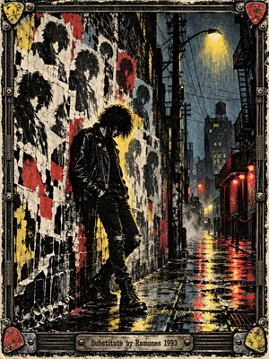 A solitary punk in a black leather jacket leans against a poster-covered alley wall, surrounded by ghostly silhouettes. Rain-soaked pavement reflects crimson and yellow streetlights beneath a smoky blue sky. Distressed screen-print textures, stark shadows, and a rugged metal frame capture urban loneliness, fractured identity, and rebellious punk energy.