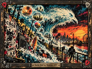 A towering turquoise wave curls like a bird above a stormy seaside boardwalk, where punk silhouettes race past torn concert posters, surfboards, and a drifting vinyl record. Fiery orange sunset light silhouettes distant buildings and a Ferris wheel. Distressed screenprint textures and a weathered guitar-inspired frame amplify the rebellious energy.