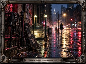 A rain-soaked New York street glows beneath red neon and golden streetlights as a solitary woman disappears into the distance. A battered guitar case and leather jacket suggest heartbreak and abandonment. Cinematic photographic realism captures gritty punk nostalgia, shimmering reflections, urban loneliness, and fading romance within an elaborate metallic frame.