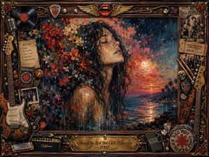 A wistful figure with closed eyes emerges from layered flowers and splattered color beside a glowing coastal sunset. Deep blues, fiery reds, golds, and coral tones create a dreamy, bittersweet mood. Thick mixed-media textures, musical memorabilia, guitars, roses, records, and an ornate vintage frame surround the intimate central portrait.