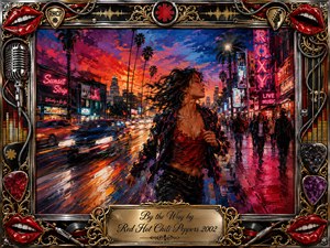 A vibrant acrylic-style Los Angeles street scene captures a woman moving through neon nightlife beneath a fiery sunset. Blurred headlights, wet pavement, palm trees, and glowing signs create restless energy in reds, oranges, blues, and pinks. An ornate chrome-and-gold music-themed frame surrounds the scene, finished with an engraved title plate.