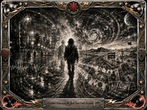 A solitary figure walks through overlapping city, desert, and cosmic realms, suggesting parallel realities merging into one. Deep charcoal textures, smoky shadows, glowing stars, orbiting lines, and reflective streets create a mysterious, restless mood. An ornate chrome-and-gold rock-inspired frame surrounds the surreal scene, anchored by an engraved title plate.