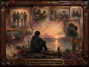 A solitary figure sits beside calm water at sunset, surrounded by faded framed memories of friendship, laughter, music, and embraces. Warm sepia, rosewood, amber, and muted blue tones create a tender, reflective mood. Painterly oil, acrylic, and watercolor textures blend into an ornate music-themed frame with roses, strings, picks, and gold detailing.