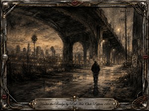 A solitary figure walks beneath a massive urban bridge at dusk, surrounded by shadowed concrete, chain-link fencing, distant palms, and a glowing city skyline. Deep feathered charcoal and warm sepia tones create a lonely, reflective mood, while amber streetlights soften the darkness. A distressed musical-metal frame and engraved title plate complete the nostalgic composition.